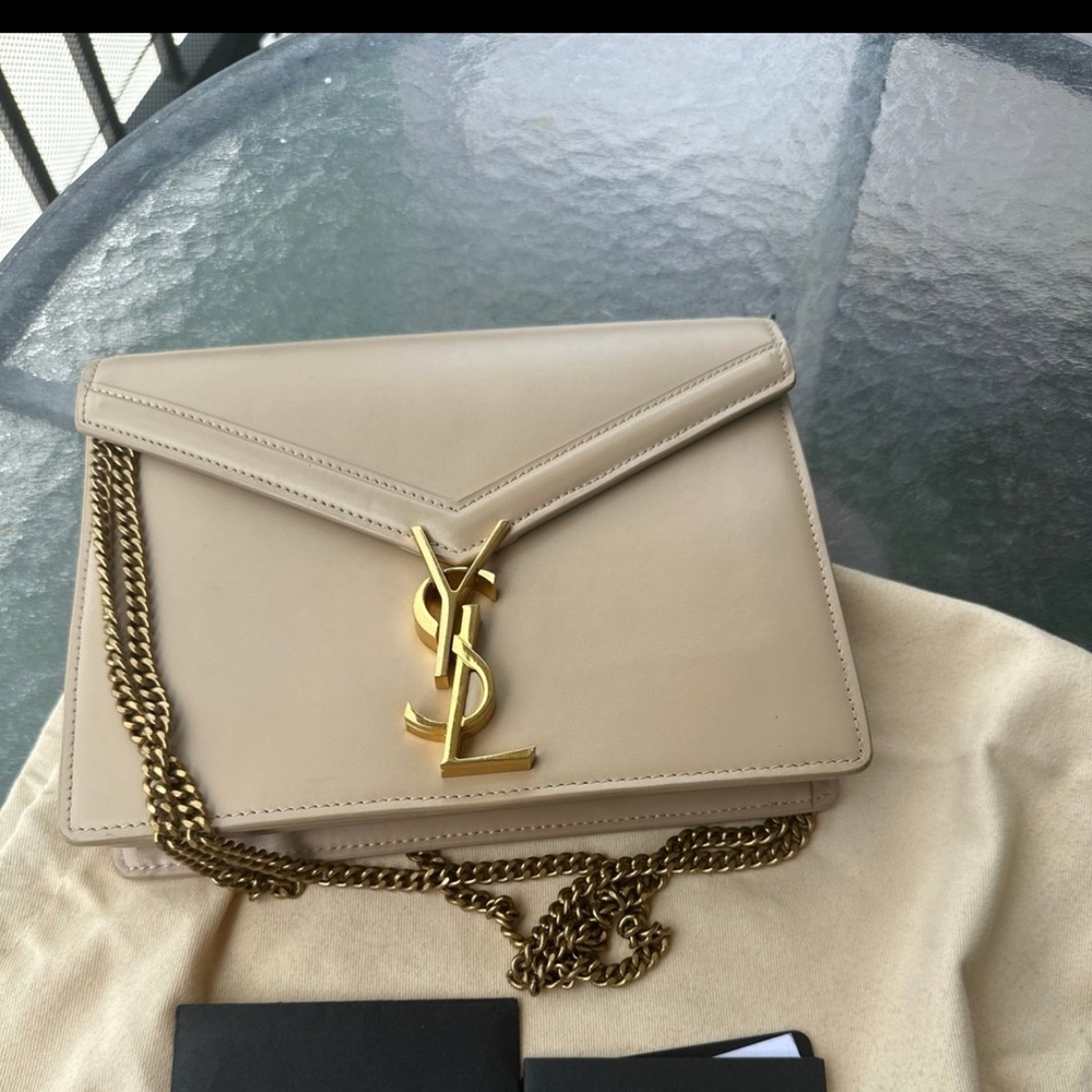 Yves Saint Laurent Cream Leather Clutch with Gold Chain